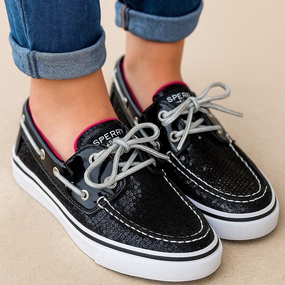 Sperry Top Sider Black Sequined Bahama Boat Shoes Women's Size 4